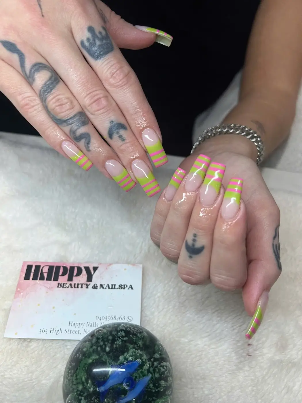 Lime yellow French tip nails